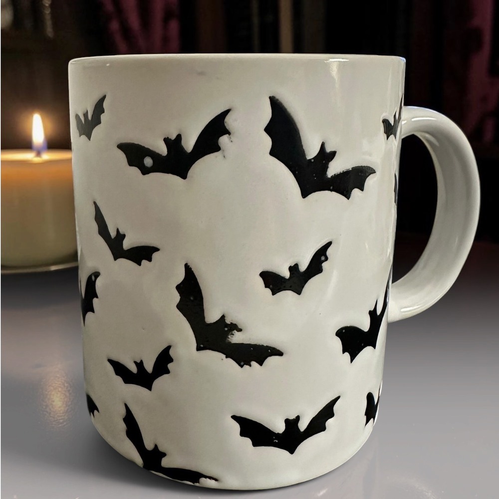 Black Bats Embossed White Ceramic Coffee Cup Mug Halloween Gothic Spooky New
